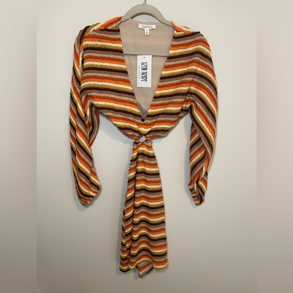 12th Tribe Free Bird Multi Crochet Long Sleeve Mini Dress